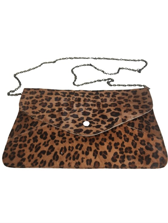 Handbags - Leopard Print Chain Strap Envelope Clutch - Brown